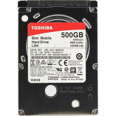Внутренний жесткий диск HDD 500GB Toshiba L200 Slim, 2.5", SATA III (HDWK105UZSVA)