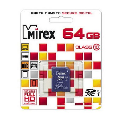 SD карта 64GB Mirex Class 10 UHS-I (13611-SD10CD64)