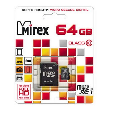 Карта памяти 64GB Mirex Class 10 (UHS-I) + SD адаптер (13613-AD10SD64) купить с доставкой по РФ
