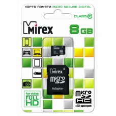 Карта памяти 8GB Mirex MicroSDHC Class 10 + SD адаптер (13613-AD10SD08)