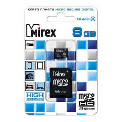 Карта памяти 8GB Mirex MicroSDHC Class 4 + SD адаптер (13613-ADTMSD08)