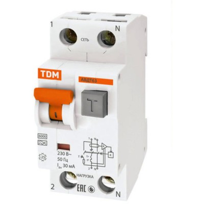 Выключатель автоматический TDM дифференциального тока двухполюсный АВДТ 63 C50 30мА