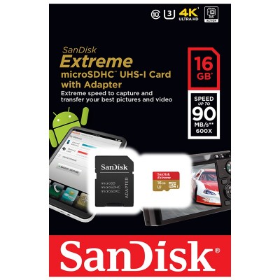Карта памяти 16GB SanDisk Extreme MicroSDHC Class 10 UHS-I (U3) + SD адаптер (SDSQXNE-016G-GN6MA)