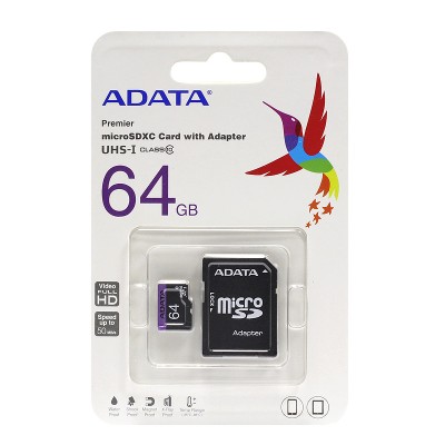 Карта памяти ADATA Premier MicroSDXC Class 10 UHS-I + SD адаптер (AUSDX64GUICL10-RA1) купить с доставкой по РФ