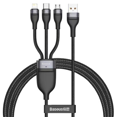 Кабель Baseus Flash One-for-three micro USB+Lightning+Type-C 5A 1.2м Черно-Серый