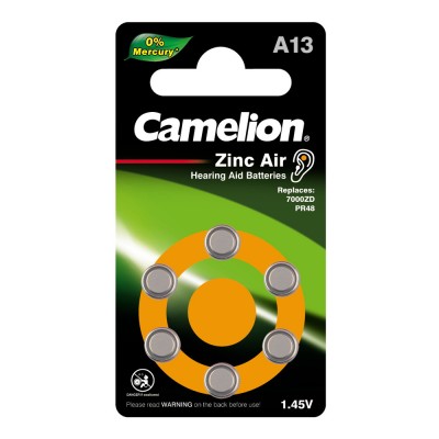 Элемент питания (батарейка/таблетка) Camelion ZA13 Zinc Air 0%Hg для слуховых аппаратов [воздушно-цинковая, PR48, AC13, DA13, 1.45 В]