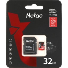 Карта памяти MicroSD 32GB Netac P500 Extreme Pro Class 10 UHS-I A1 V10 (100 Mb/s) + SD адаптер