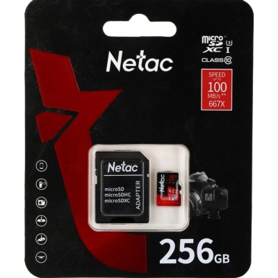 Карта памяти MicroSDXC 256GB Netac P500 Extreme Pro Class 10 UHS-I A1 V30 (100 Mb/s) + SD адаптер (NT02P500PRO-256G-R)