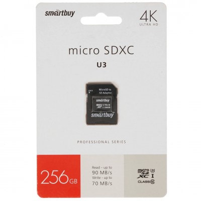 Карта памяти 256GB Smartbuy Pro MicroSDXC Class 10 UHS-I + SD адаптер (SB256GBSDCL10U3-01)