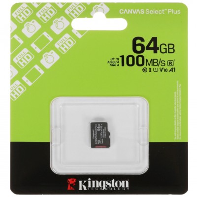 Карта памяти MicroSD 64GB Kingston Class 10 Canvas Select Plus A1 U1 V10 (100 Mb/s) без адаптера (SDCS3/64GBSP)