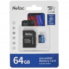 Карта памяти MicroSD 64GB Netac P500 Standard Class 10 UHS-I (90 Mb/s) + SD адаптер