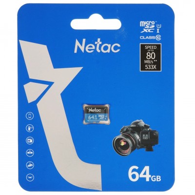 Карта памяти MicroSD 64GB Netac P500 Standard Class 10 UHS-I (90 Mb/s) без адаптера