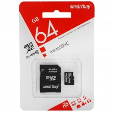 Карта памяти MicroSD 64GB Smart Buy Class 10 + SD адаптер