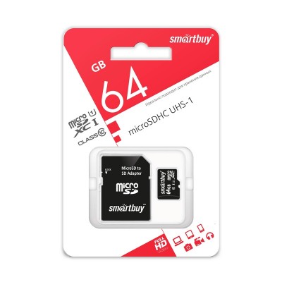 Карта памяти MicroSD 64GB Smart Buy Сlass 10 UHS-I + SD адаптер